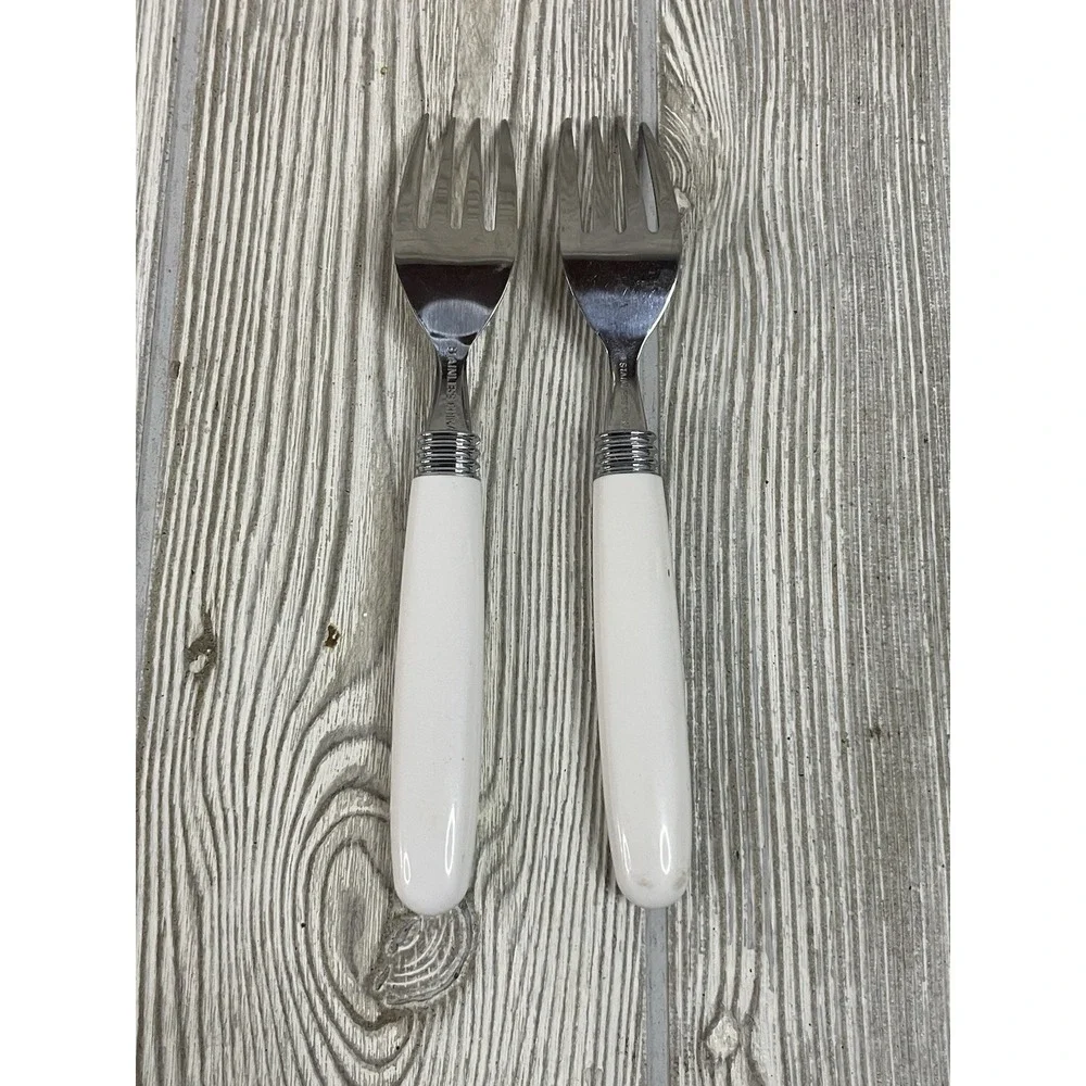 Vintage Ivy Leaf Pattern Stainless Steel Salad Fork Set White Ceramic Handle 2pc